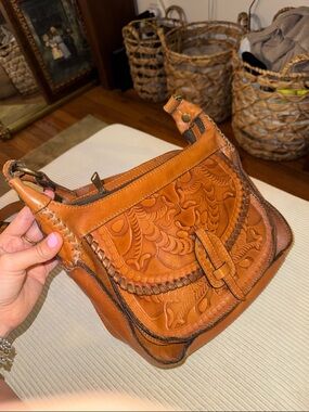 Patricia Nash Leather Floral Tooled Crossbody Bag in Cognac Brown